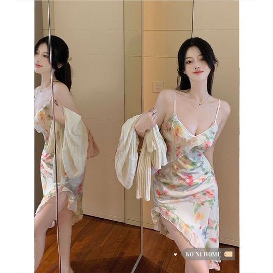 Sling Dress Female 2023 Summer New Slim Sexy Floral Skirt Korean Style Irregular Ruffled Dress