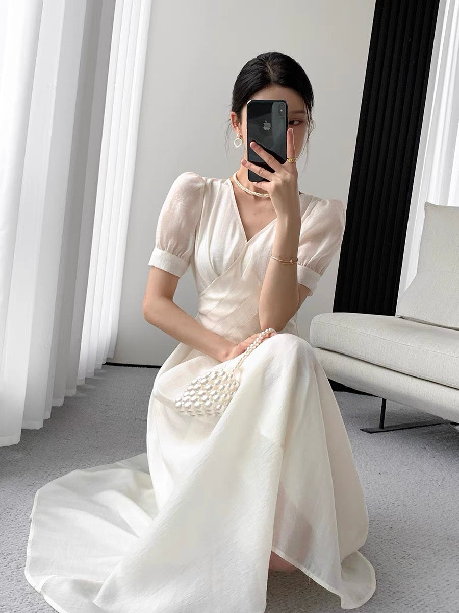 FT GUOGE white Tencel dress women's 2022 summer new high-end French retro temperament V-neck dress