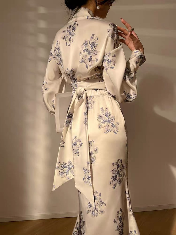 Aconiconi|Yunxi Freesia Two-piece set of French retro temperament printed top and elegant fishtail skirt