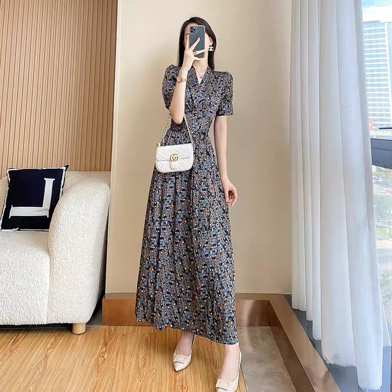 Floral dress temperament ladies new summer female 2022 thin chiffon long skirt French cheongsam skirt summer
