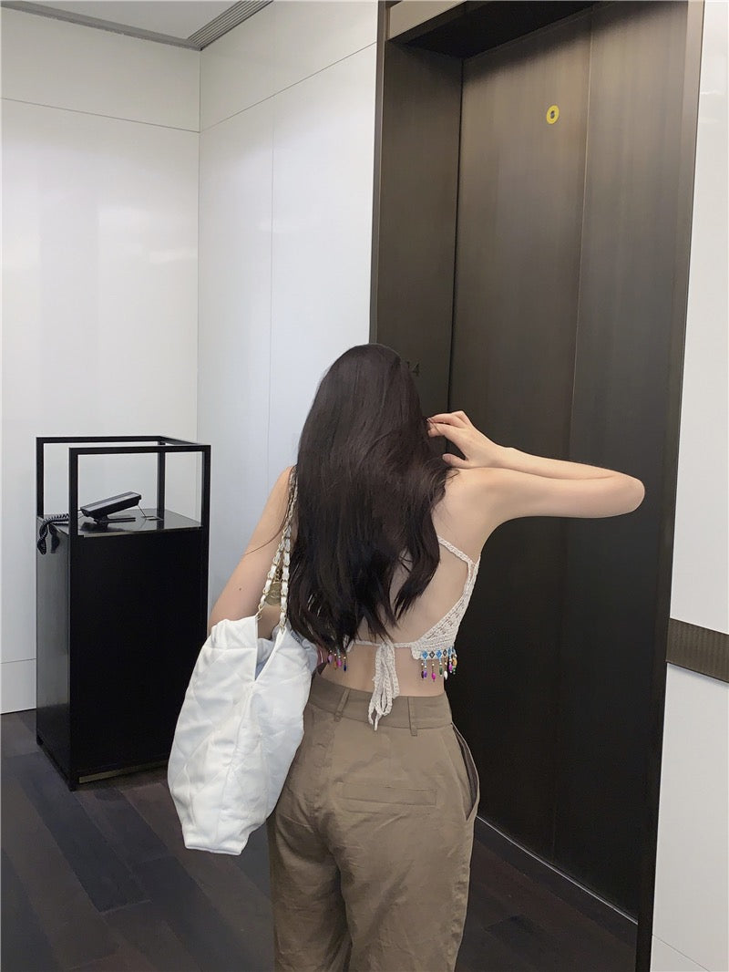Sweet Spice Girl Hollow Camisole Female Summer Open Back Tassel Lace Inner Short Sexy Chic Unique Top