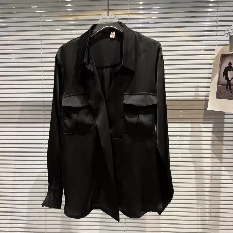 Net red same style 2022 autumn new temperament ladies double pockets beveled little woman mercerized cotton shirt shirt women