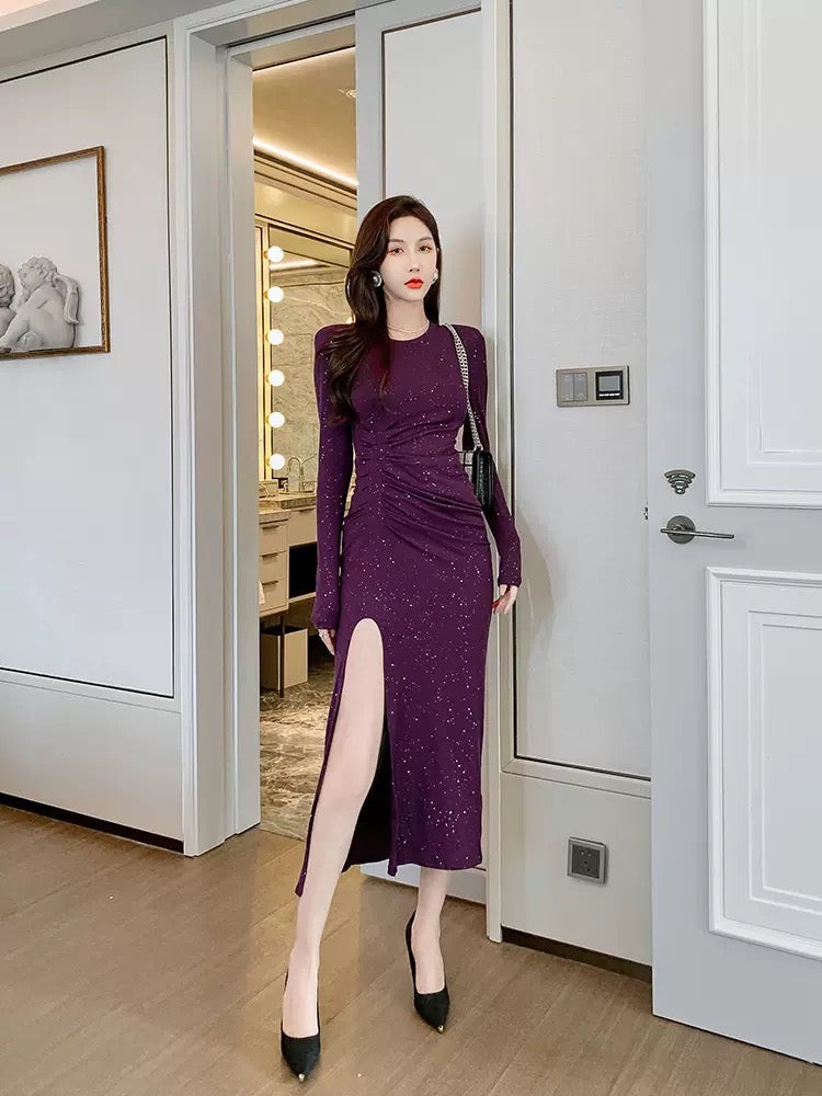 European station French casual purple long skirt women's autumn gentle wind long-sleeved slim waist retro sexy dress 1678
