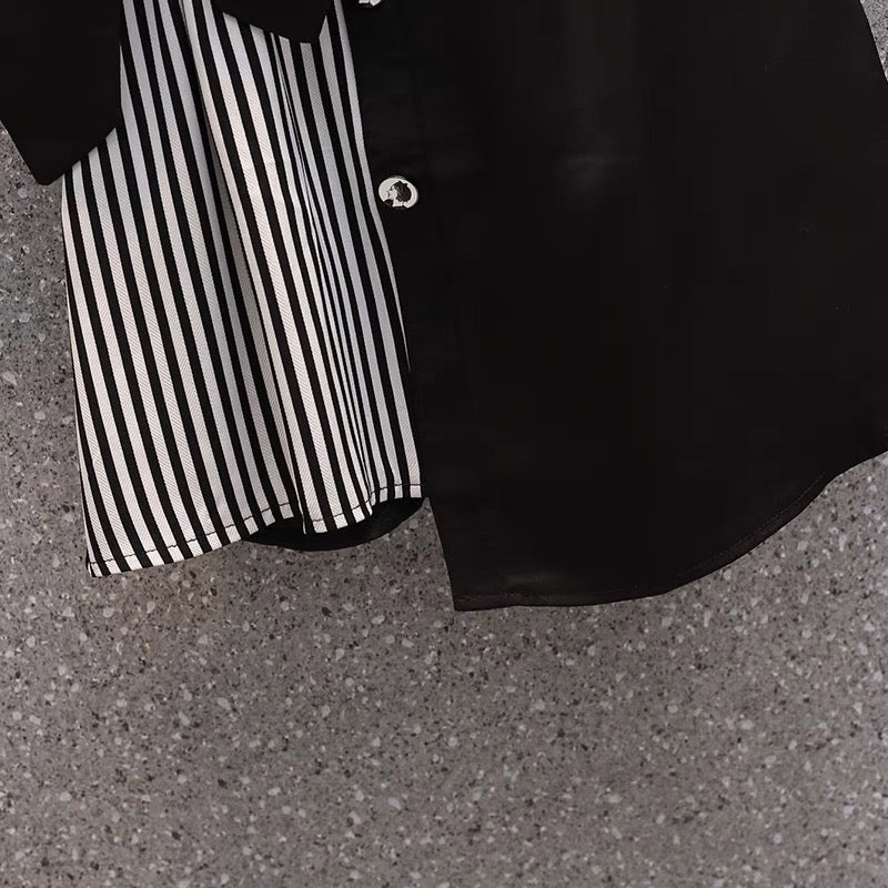 256 summer new fat mm thin design sense black and white stitching fake two-piece temperament dress shirt skirt
