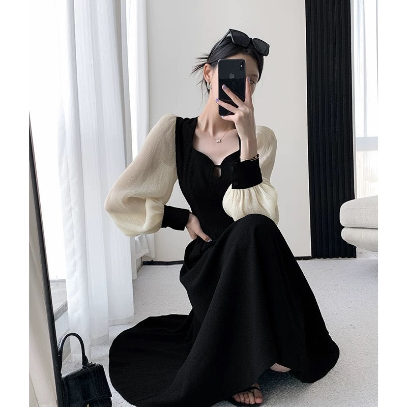 FT GUOGE black dress women's 2022 autumn new long-sleeved French style slimming Hepburn mid-length skirt 1496