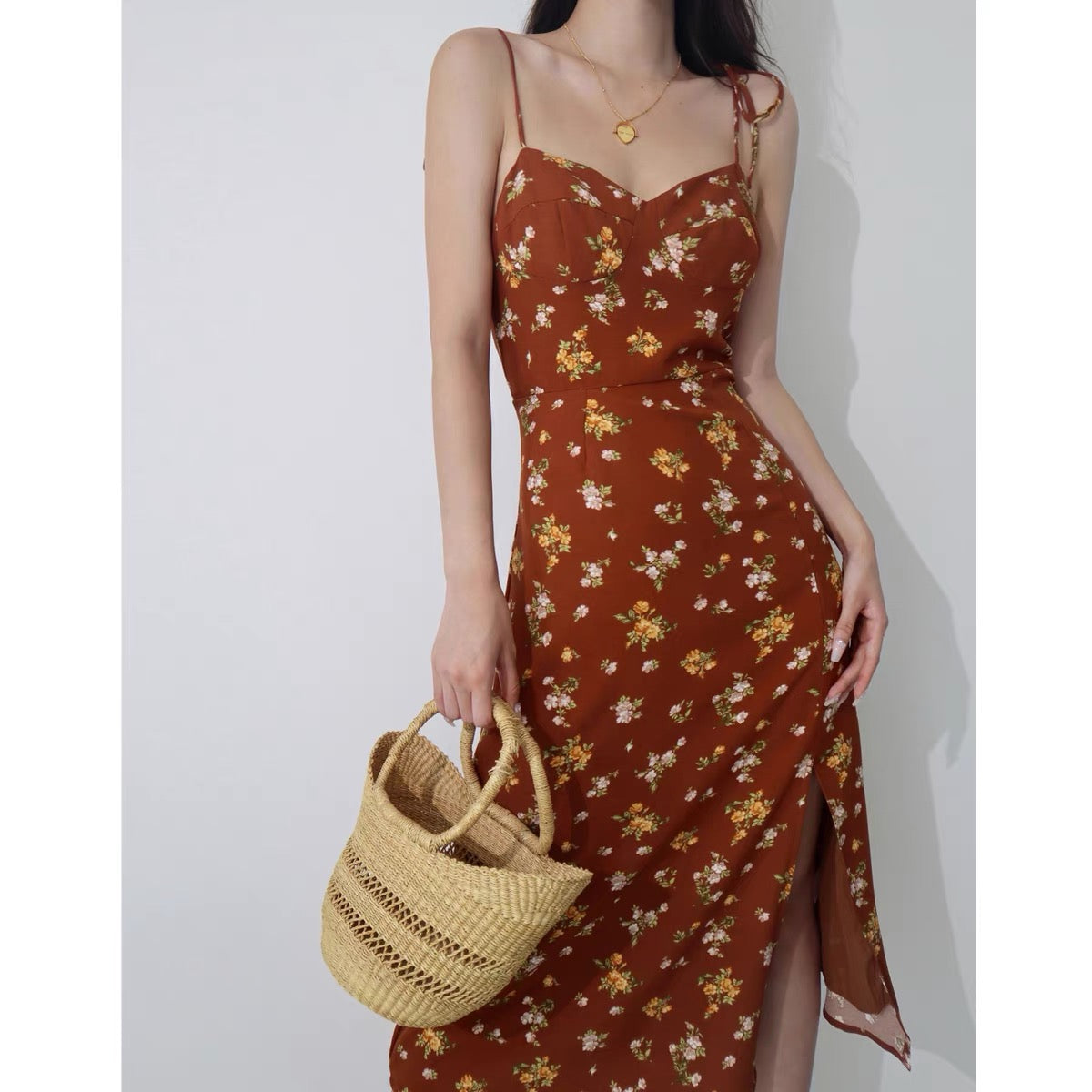 European and American style sexy hem split floral chiffon suspender dress women's waist and thin straps mid-length A-line skirt