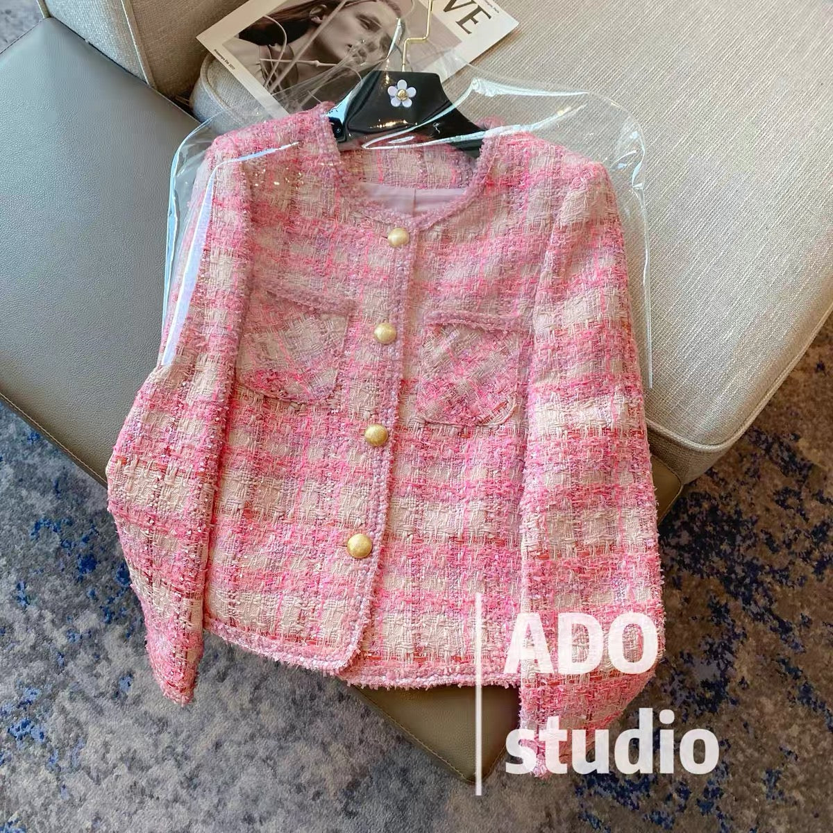 French ladies pink small fragrance coat women's 2022 autumn new slim fit tweed short top