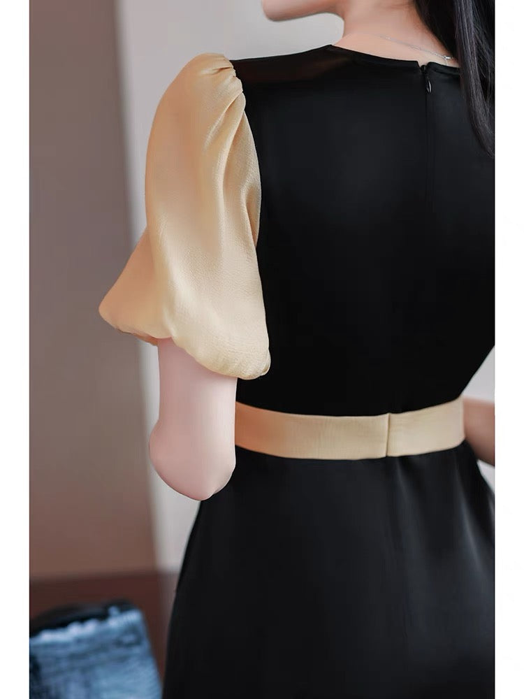 French high-end temperament dress summer female 2022 new little black dress ladies stitching puff sleeves waist skirt 1495