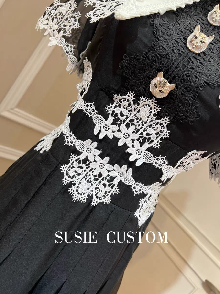 High custom Reba style black and white contrast color large lace lace slim fit waist pleated soft gauze long skirt