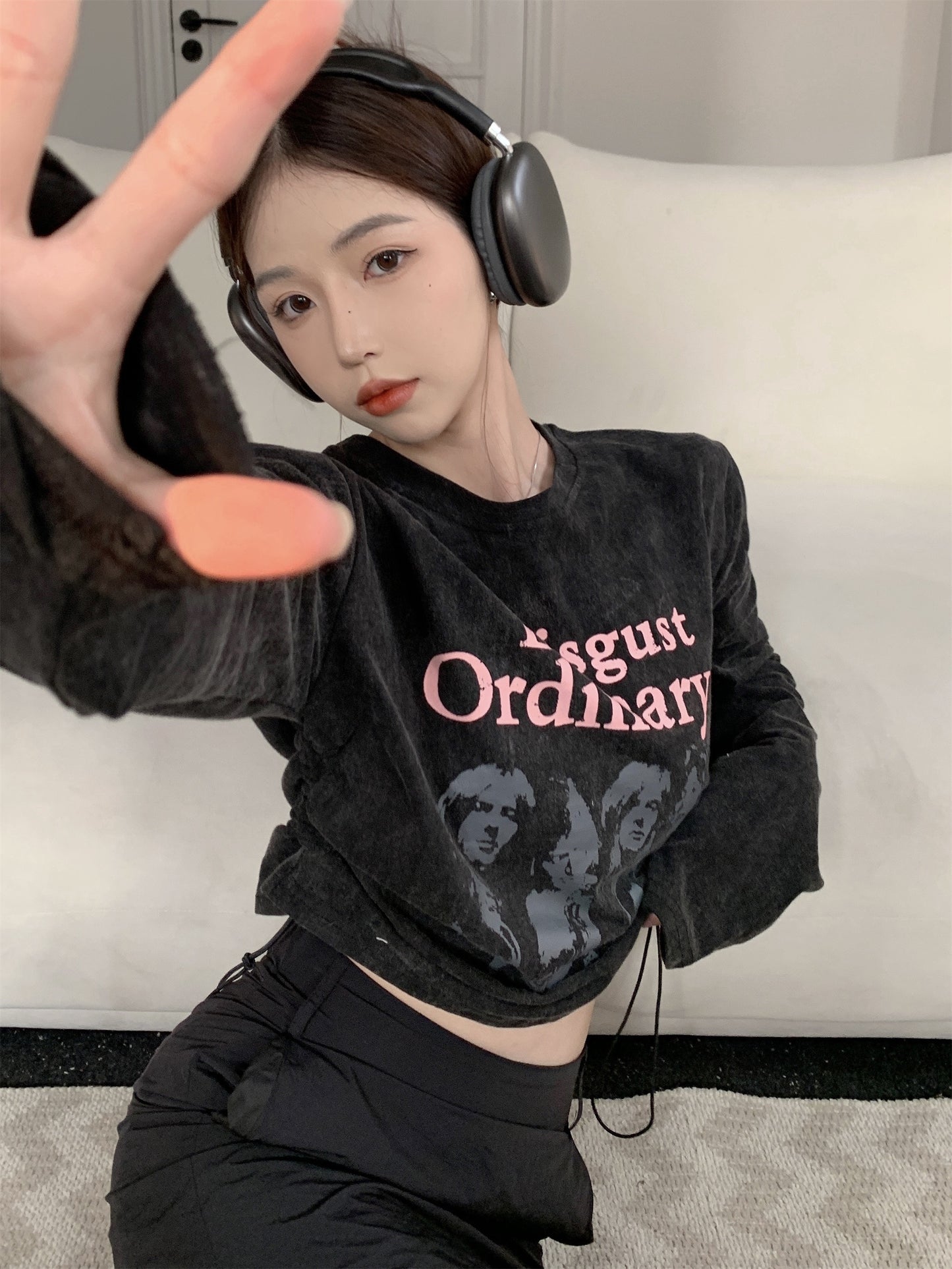 Retro old print couple short-sleeved t-shirt female summer niche design sense drawstring short hot girl navel top