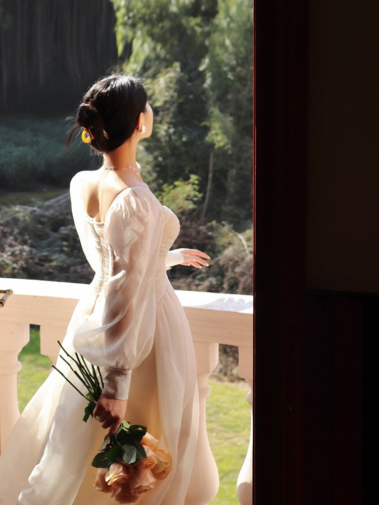Thirteen and Little French Tea Break Dress Women's Spring Waist Puff Sleeves High-Level Gentle White Long Dress