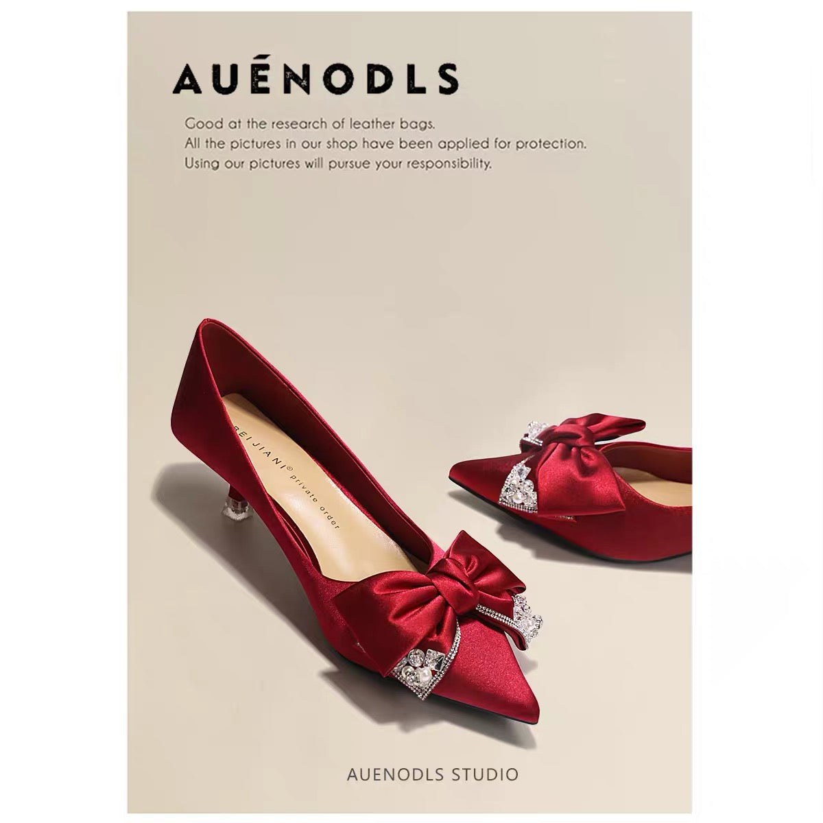 AUENODLS leather red bow pointed Xiuhe high-heeled shoes Chinese dress stiletto bridesmaid wedding shoes women