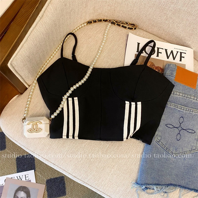 Striped tube top with chest pad suspenders 2023 summer new women's clothing hot girls wear sexy pure desire small vest