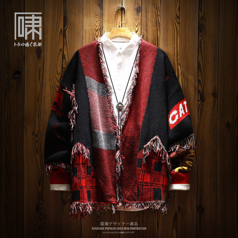 Korean trendy brand national tide design sense splicing cardigan sweater men's Japanese niche
