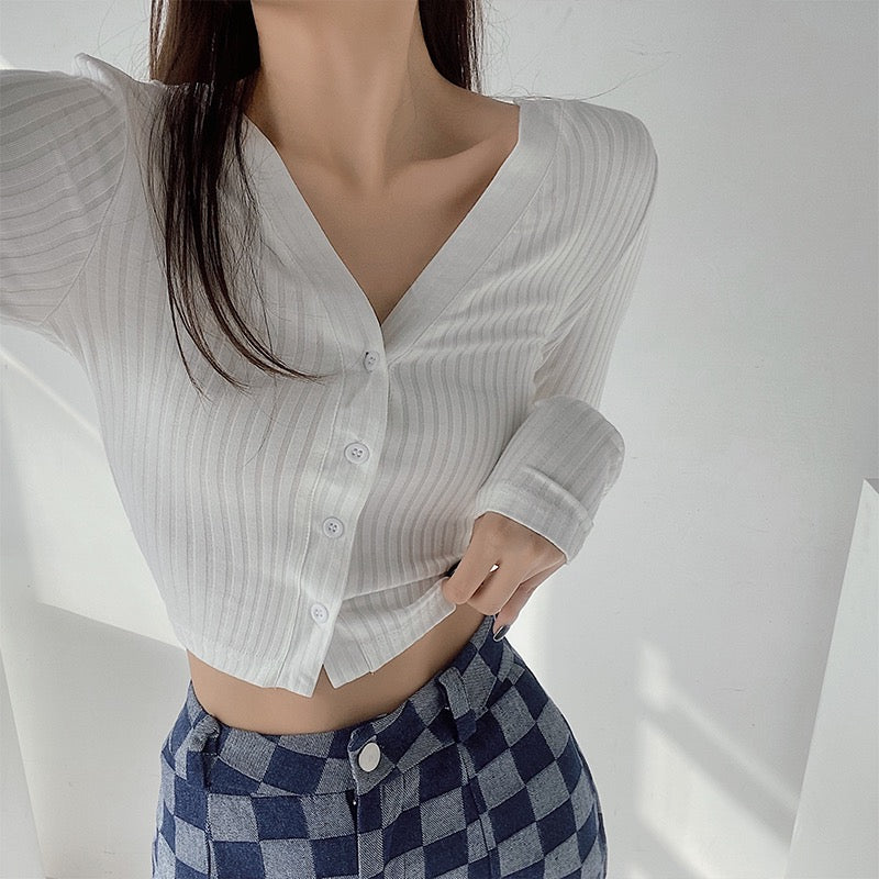 Pure desire style short V-neck single-breasted long-sleeved T-shirt feminine hot girl tight-fitting strappy backless top