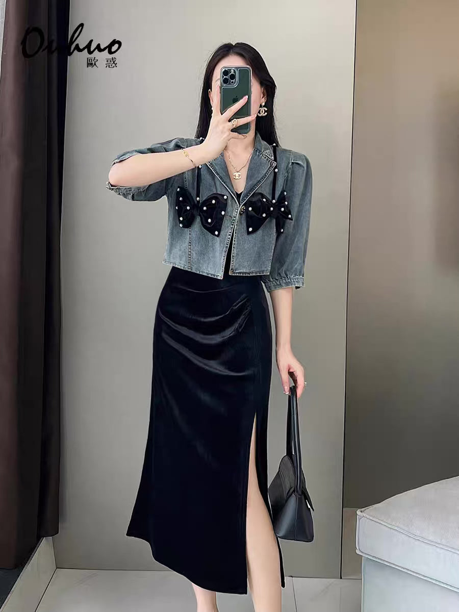 2022 early autumn new salt series light ripe suit denim top suspender skirt Royal sister age reduction wear two skirts 1939