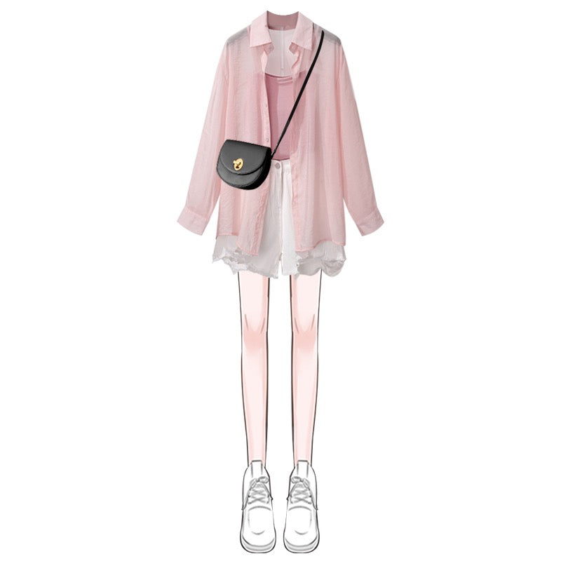 Playful women's lively shorts suit 2023 new women's high-end summer sunscreen shirt suspenders three-piece set two