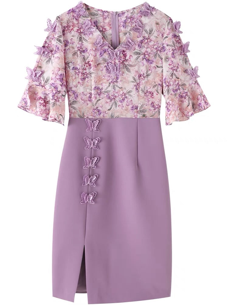 Split skirt summer women's clothing 2022 new mid-length v-neck package hip stitching Royal sister light familiar style dress