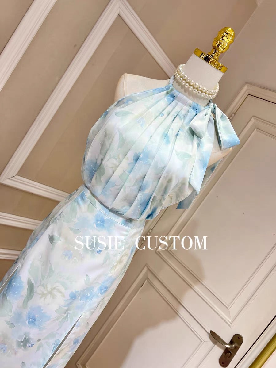 Temperament tube top stitching pleated halter straps elastic backless top high waist double slit half length skirt suit