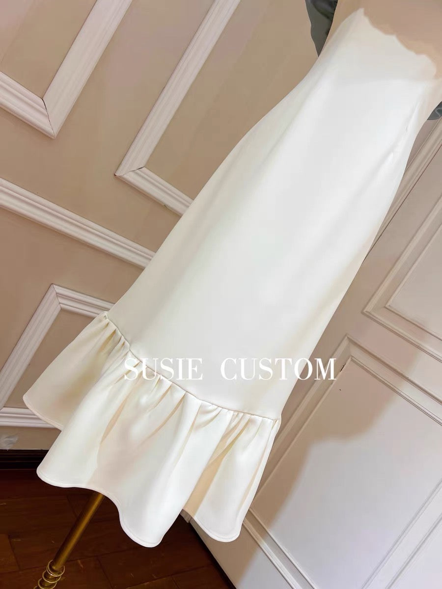 Design Contrasting Colors Versatile One-Shoulder Off-the-Shoulder Pleated Satin and Slim Fit Mid-Length Ruffled Fishtail Skirt