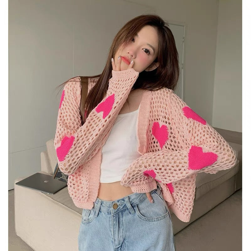 Heart Embroidery Hollow Knit Sweater Women's Autumn 2022 New Design Sense Outer Long Sleeve Sunscreen Cardigan Top