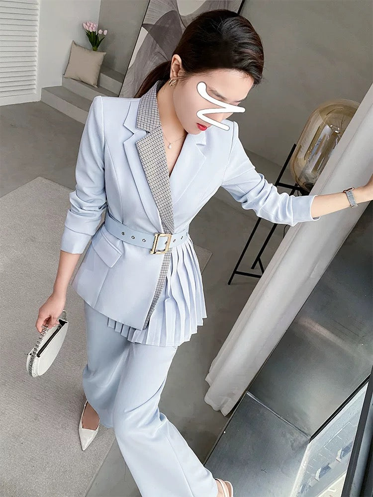 Autumn complete set with high-end royal sister professional aura strong and capable temperament women's blue suit two-piece suit 1796