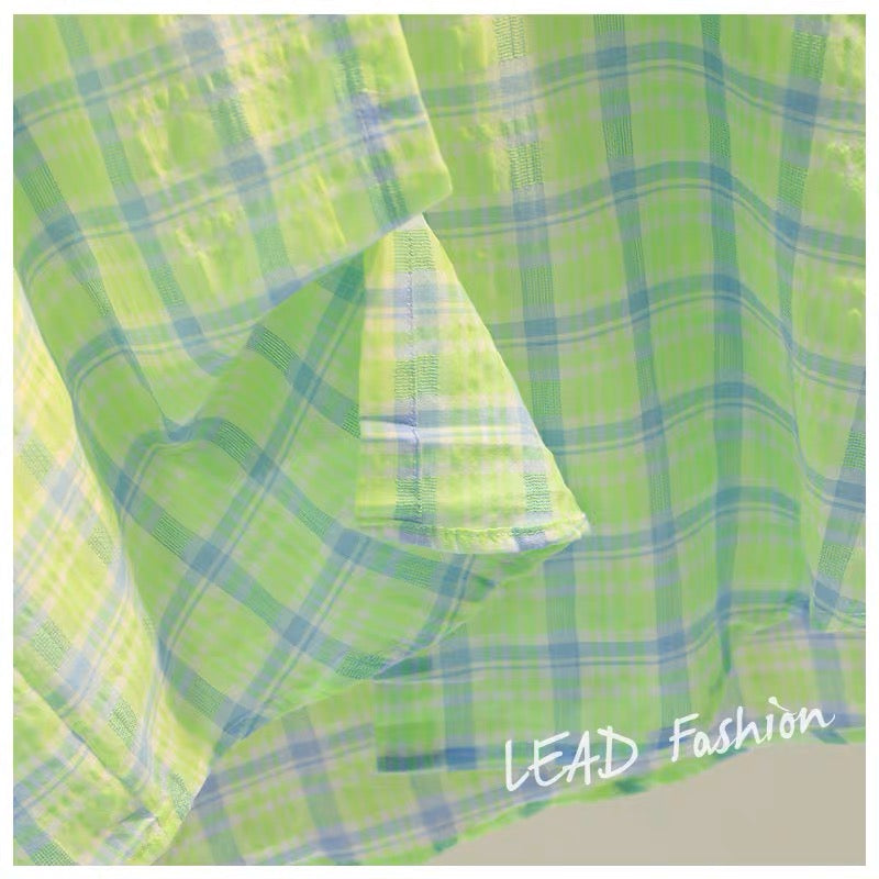 Fruit green single pocket cotton and linen plaid shirt women 2023 spring new Korean style loose casual shirt top tide