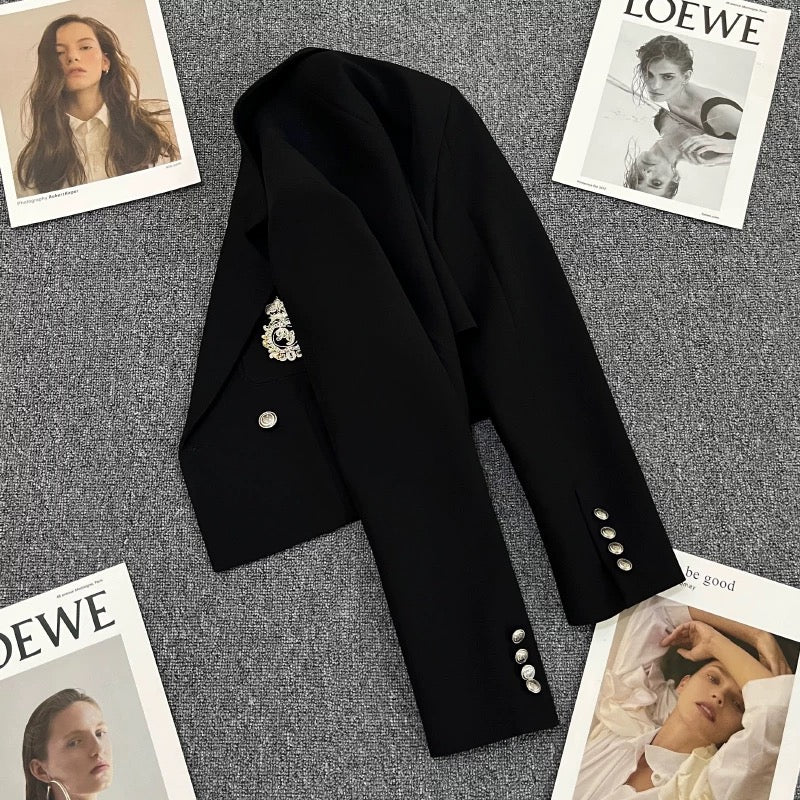 Black ultra-short suit jacket women's 2022 autumn new high-end small college style casual suit 1774