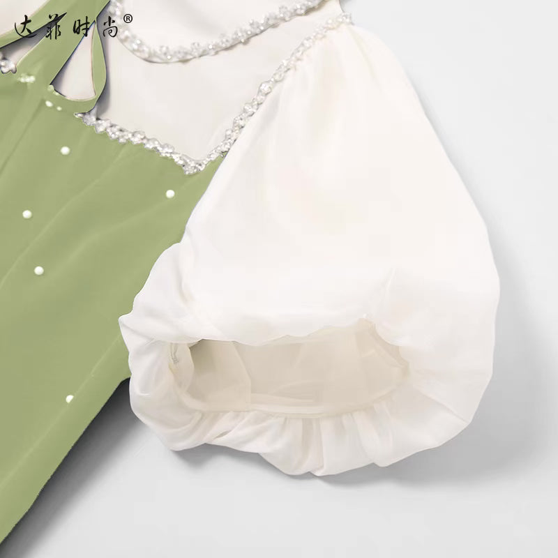 2022 summer dress new temperament stitching retro lantern sleeve slit elegant dress birthday party dress