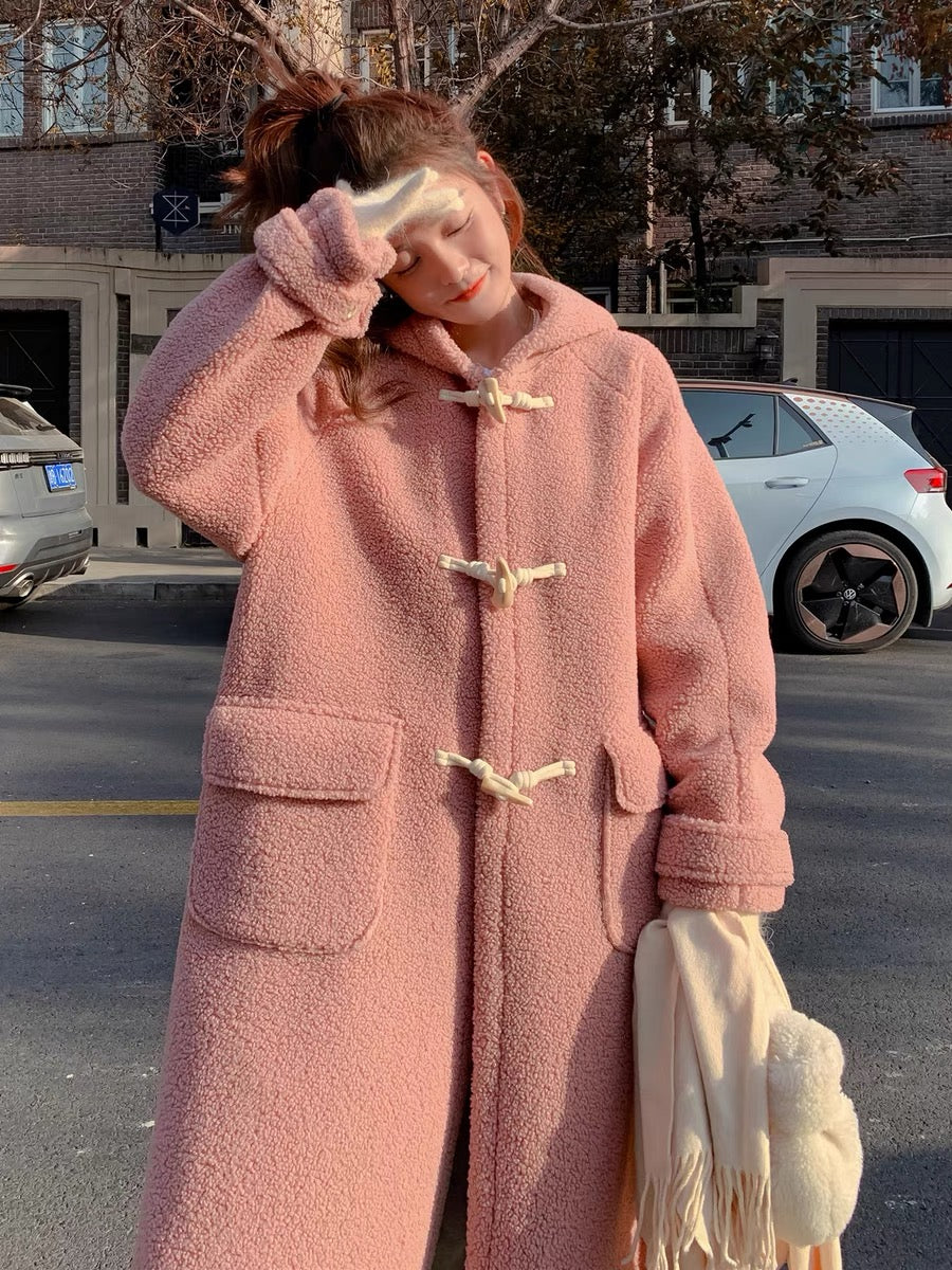 Pink lamb wool coat women's winter thickened long knee-length 2022 new milk fufu hooded niche cotton-padded clothes tide