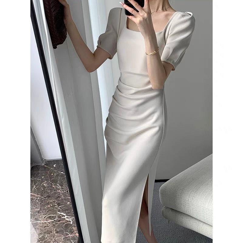 FT GUOGE square neck dress female 2022 summer new high-end temperament side slit puff sleeve long skirt