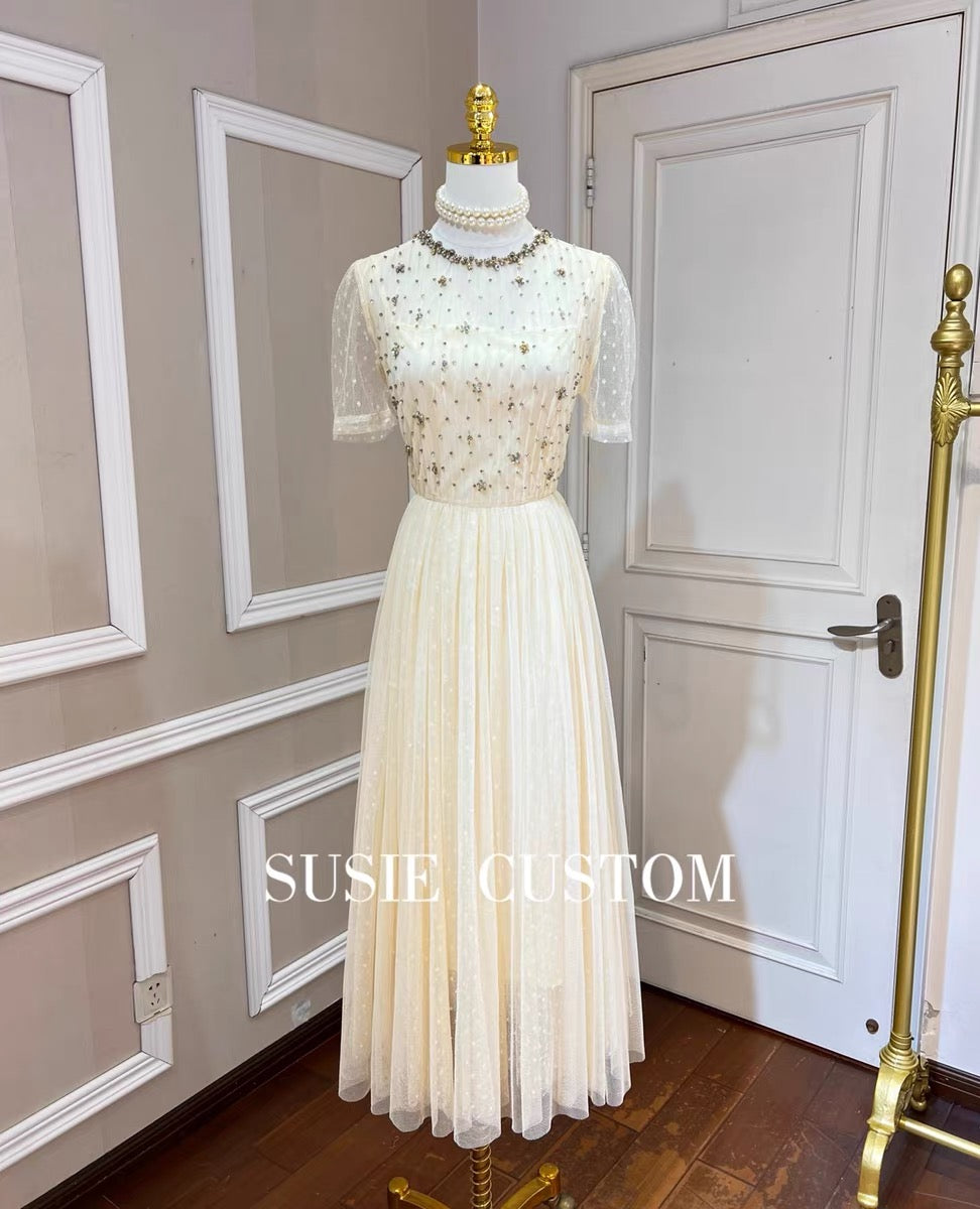 Customized French Large Puff Sleeves Elastic Cuffs Can Be Off-the-Shoulder Wear Rhinestones Decorated Waist A-Line Skirt Dress