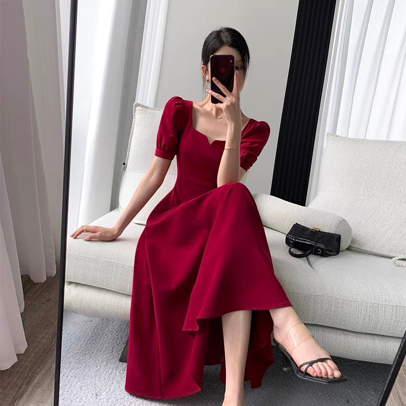 Guoge custom red dress female 2022 summer new square collar retro waist slim puff sleeve engagement dress