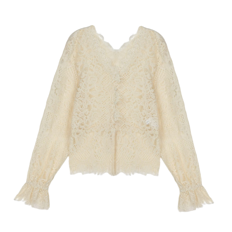 MUKOK French lace shirt women's 2023 spring new foreign style V-neck temperament slimming inner bottoming shirt