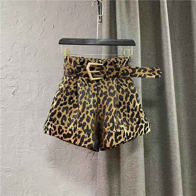 High Waist Casual Shorts Women's 2022 Autumn New Wide Leg A-Line Shorts Fashion Leopard Print Suit Pants Hot Pants Q130