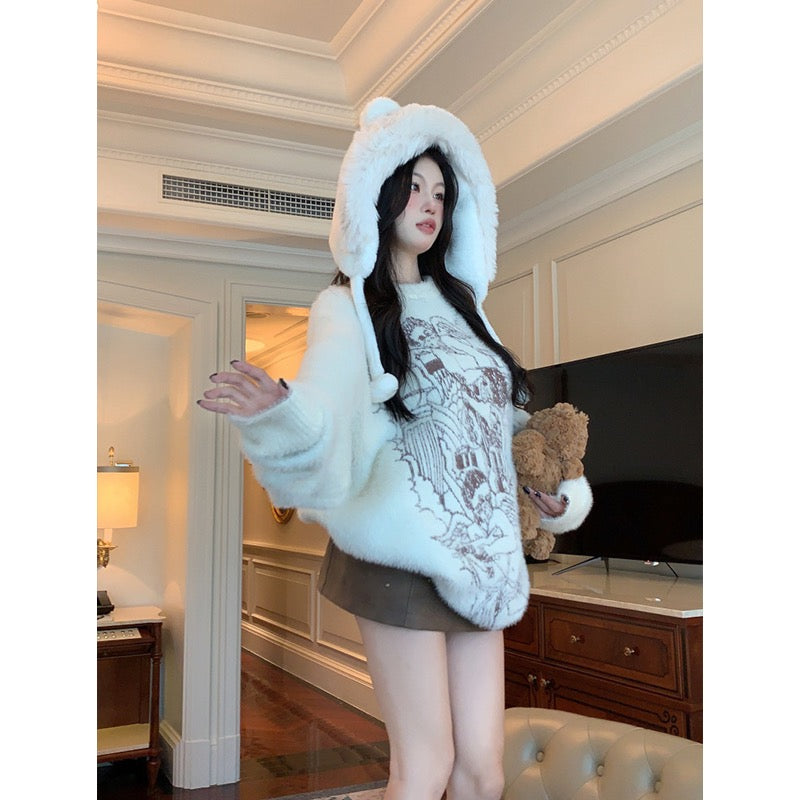 Small cartoon chic mink fleece sweater women's autumn and winter new design sense loose foreign style all-match knitted top