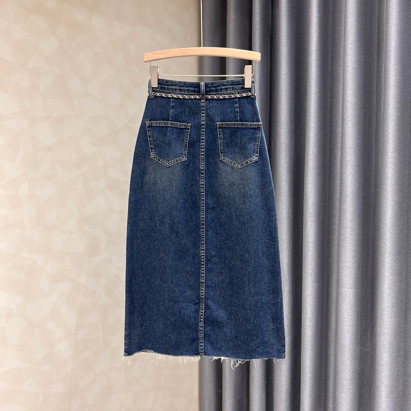 Raw edge slit denim skirt women's autumn new solid color all-match age-reducing slim retro high waist bag hip dress