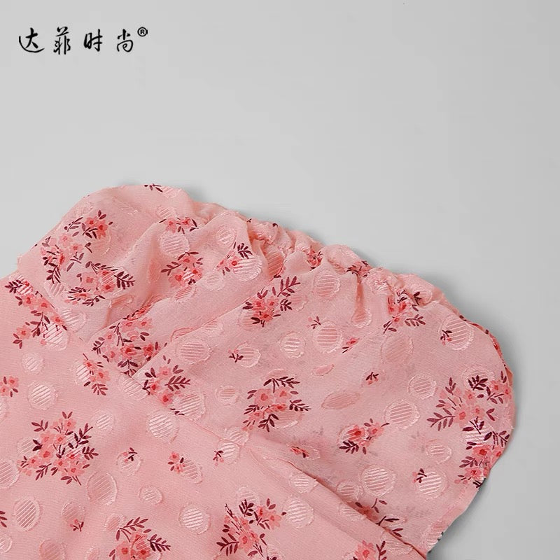 2022 new summer dress women's temperament French tea break dress long skirt waist thin printed chiffon dress