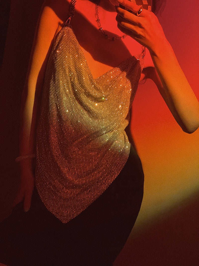 Niche chic bright silver dangling collar halter neck small camisole female nightclub sexy hot girl sweet and spicy top
