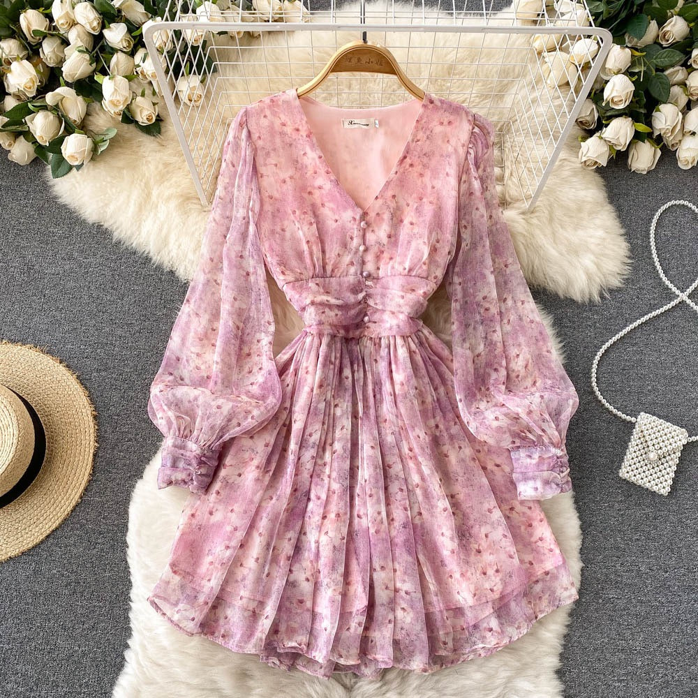 Gentle wind French retro super fairy chiffon floral dress waist slimmi Lee Nhi Boutique Gentle wind French retro super fairy chiffon floral dress waist slimmi Lee Nhi Boutique
