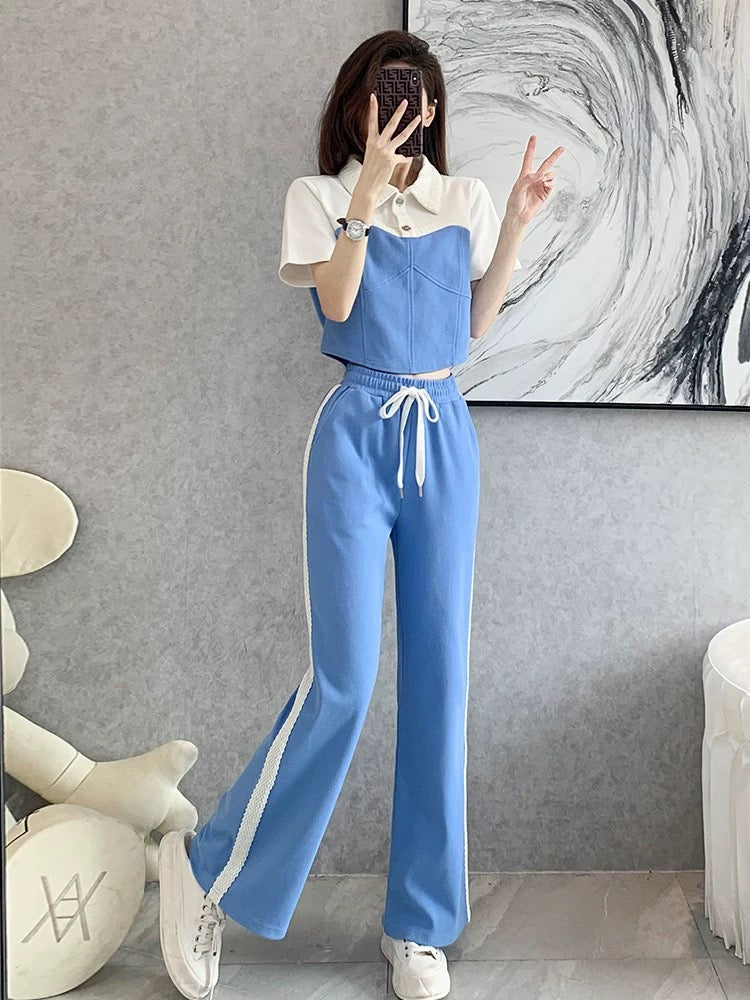 Fashionable temperament sports and leisure suit female summer 2022 new short-sleeved short style fashionable wide-leg pants two-piece set