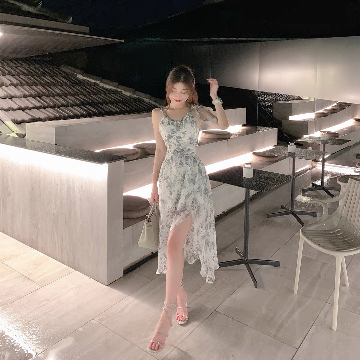 ByYou summer ink wash national style sling V-neck dress female waist slim irregular mid-length floral skirt 1137