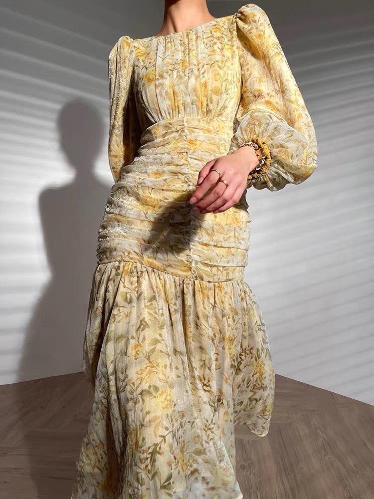 Aconiconi|French floral niche design dress new slim wrap hip fishtail dress midi dress