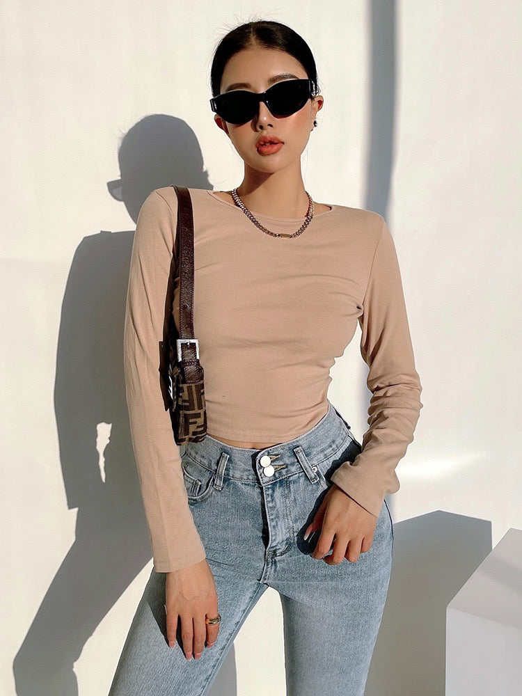 liviahome sexy backless thin bottoming T-shirt women's stretch tight thin round neck solid color short top