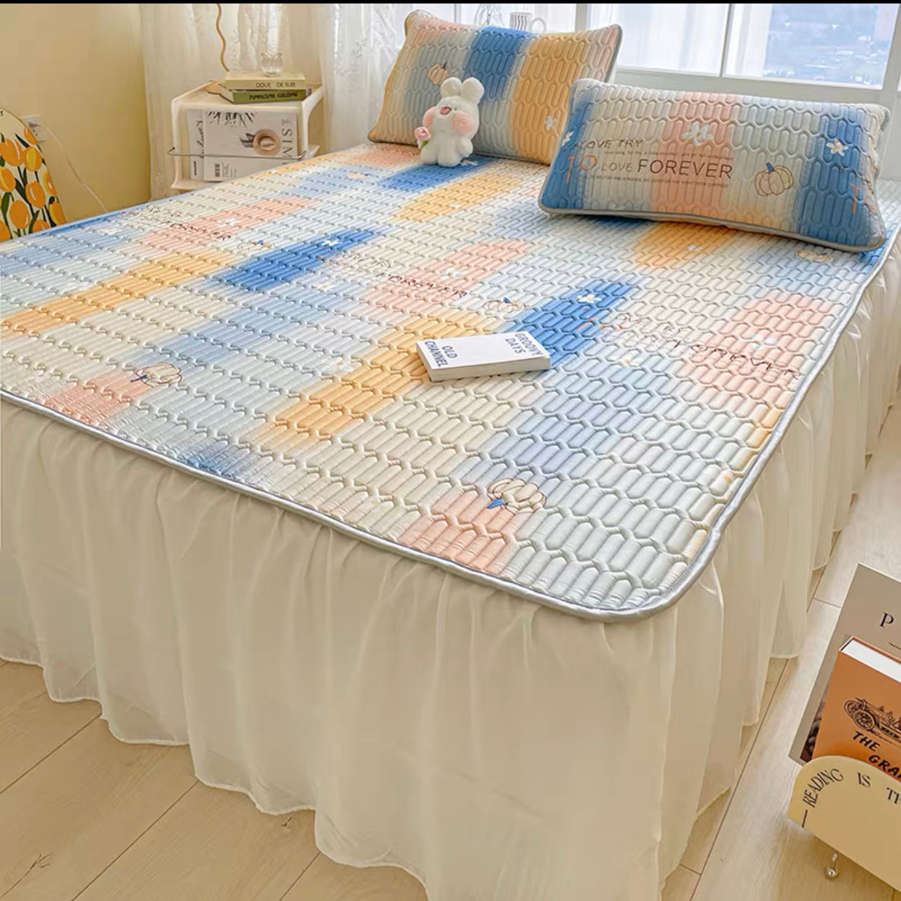 Princess style bed skirt style latex mat three-piece set cool feeling ice silk air-conditioning mat summer washable folding bed cover