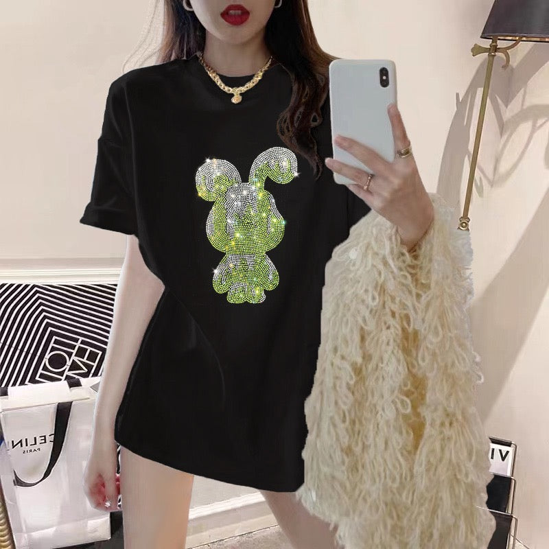2023 new summer dress black t-shirt women hot diamond big love loose pure mid-length round neck short-sleeved top ins tide