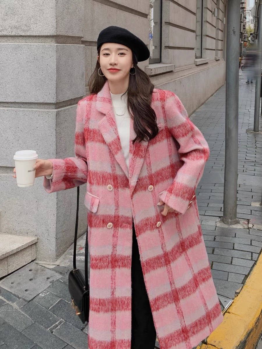 Pink imitation cashmere woolen coat women's winter thickened 2022 new Korean high-grade wool long woolen coat