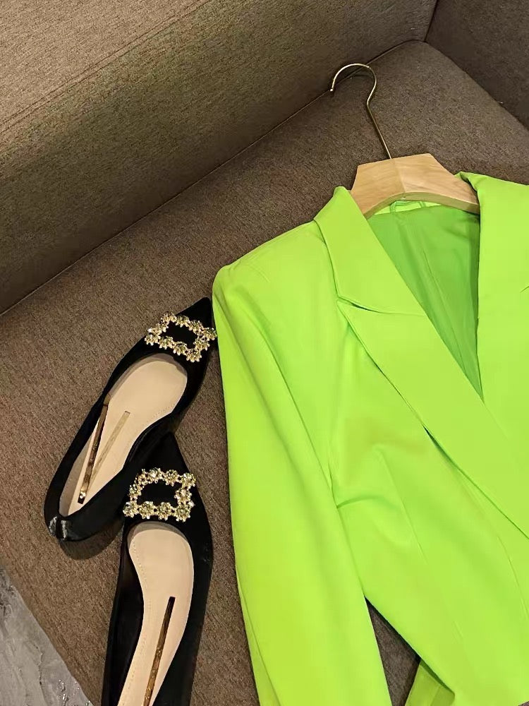 High-quality British retro green blouse short jacket suit small loose silhouette suit 6577