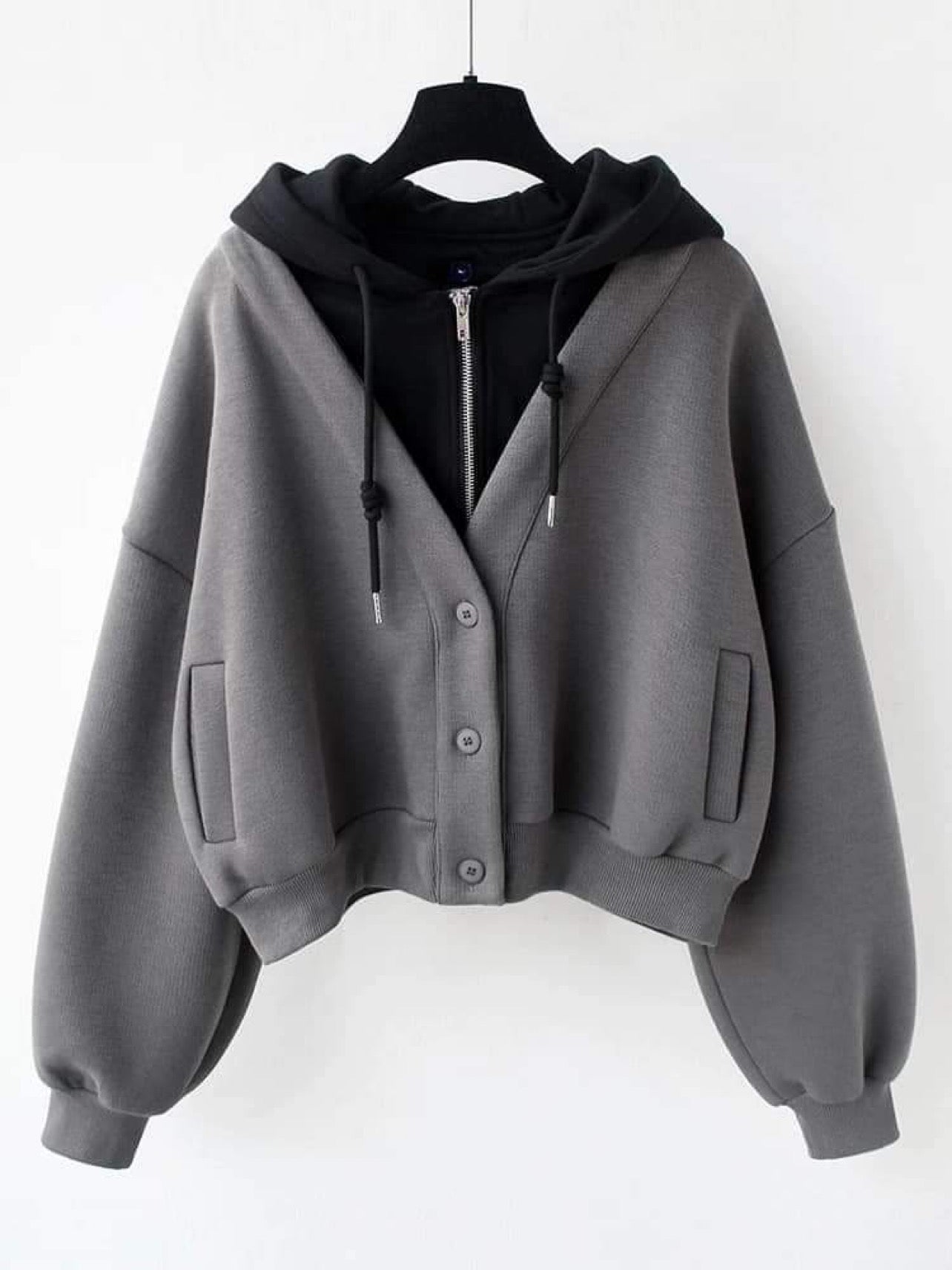 Autumn 2022 new black hooded fake two-piece stitching cardigan sweater women's loose short baseball uniform jacket women