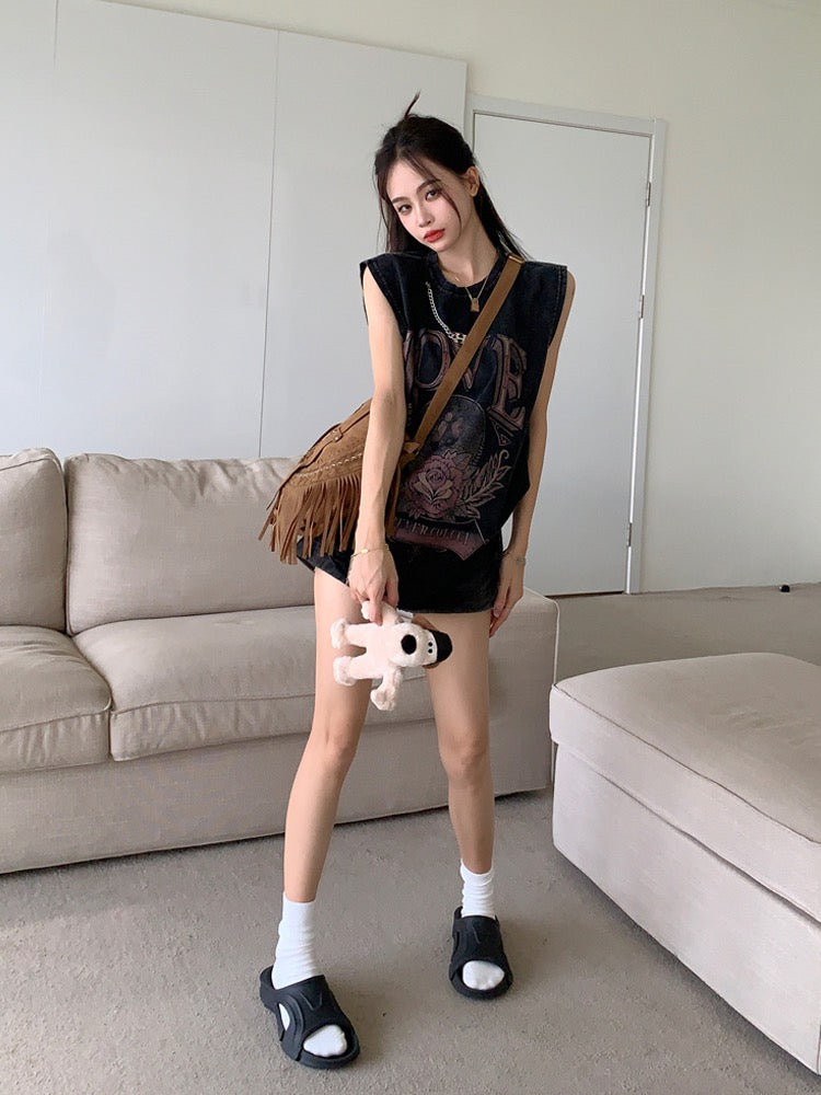 Kumikumi American retro old washed hole vest T-shirt women's summer loose sleeveless printed top tide
